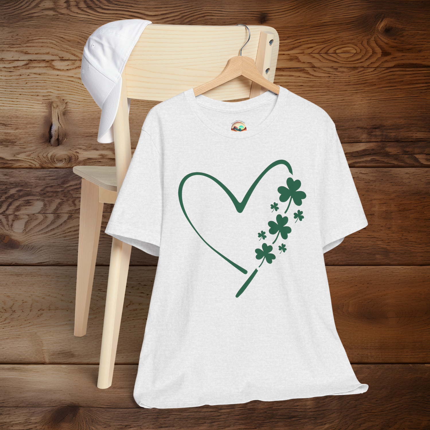 Ash Irish Heart T-Shirt featuring a white heart outline with shamrock clovers perfect for St. Patrick’s Day and Irish pride