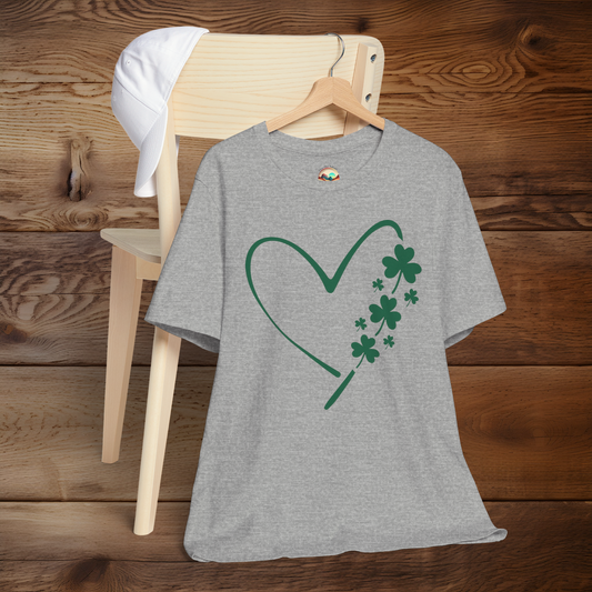 Heather gray Irish Heart T-Shirt showcasing a minimalist white heart and shamrocks celebrating Ireland with subtle style