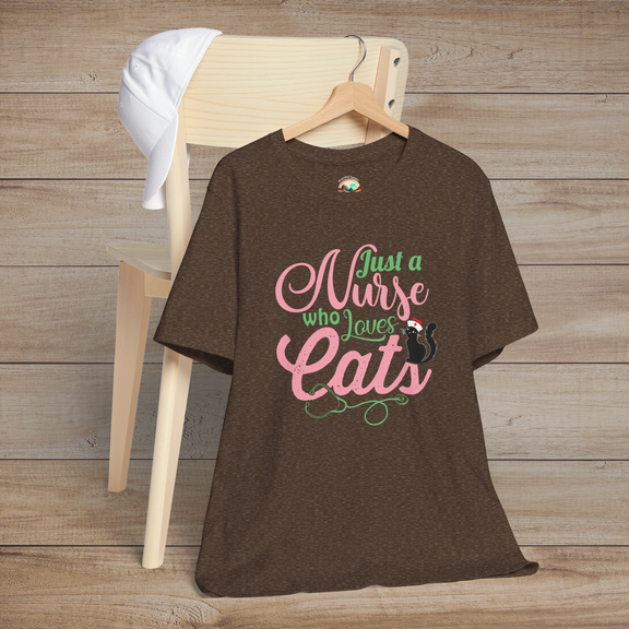 Heather brown t-shirt displaying elegant Just a Nurse Who Loves Cats text in pink and green with a cute black cat sitting on the word Cats
