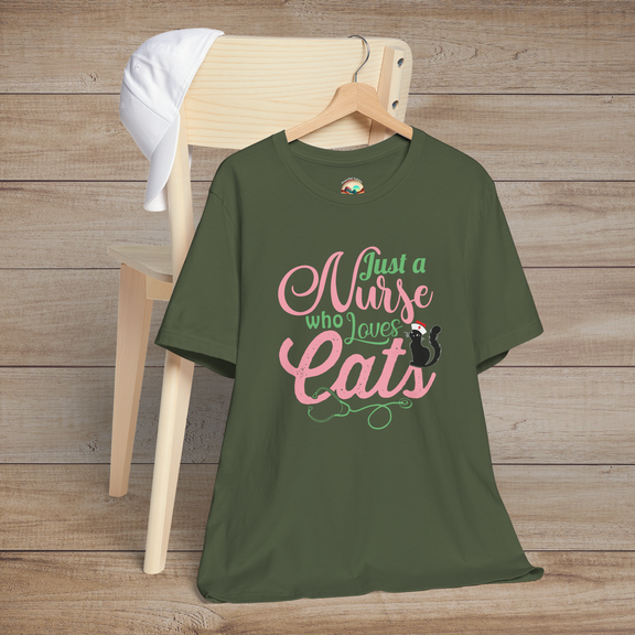 Military green t-shirt with fun design Just a Nurse Who Loves Cats in pink and green text featuring a sweet black cat nurse