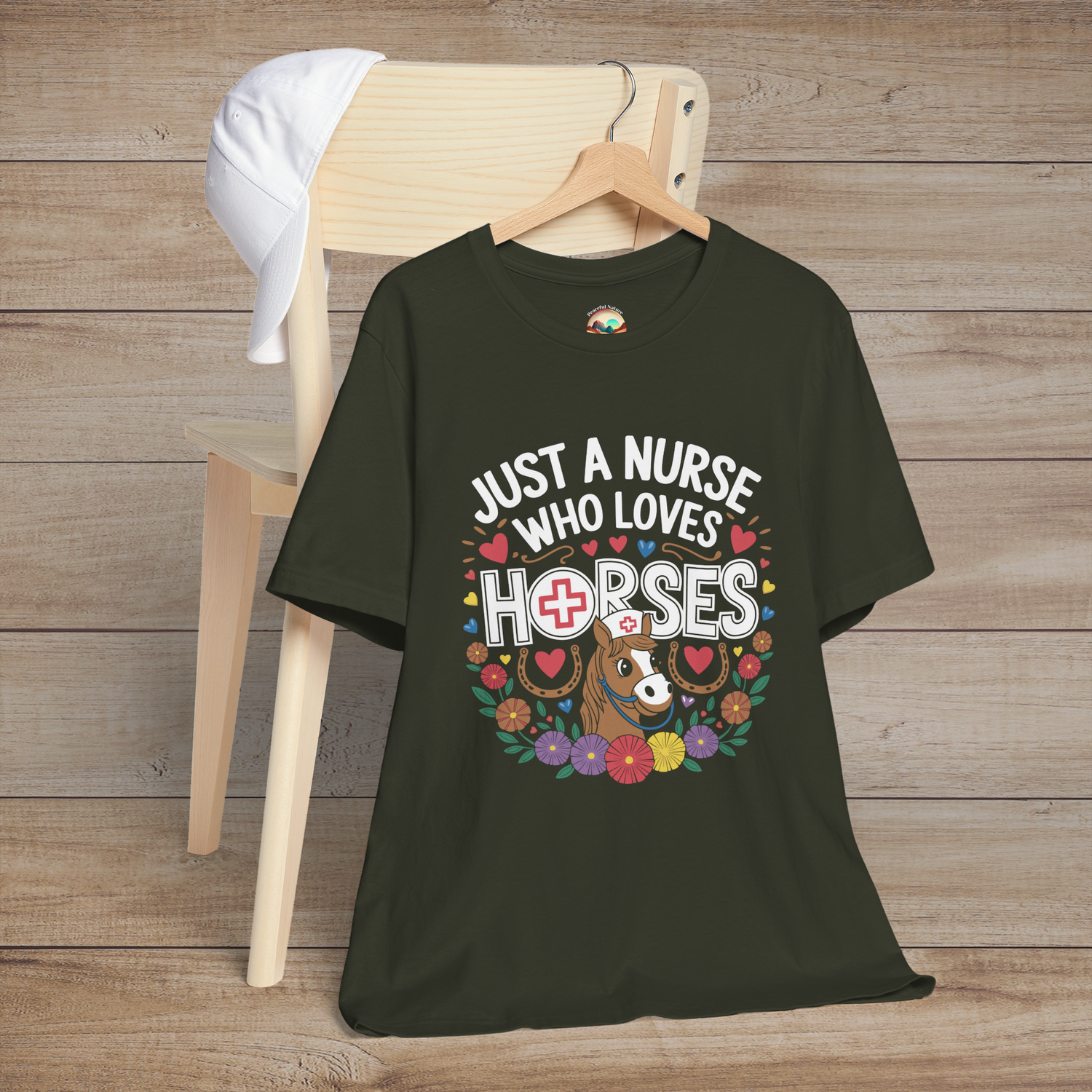 Just a Nurse Who Loves Horses T-Shirt - Cute Equestrian Tee Dark Olive