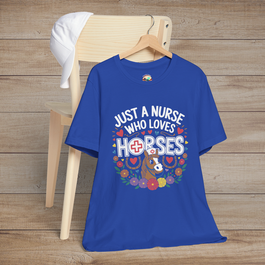 Just a Nurse Who Loves Horses T-Shirt in royal blue, featuring a cute cartoon horse, flowers, hearts, and horseshoes – the perfect gift for horse-loving nurses