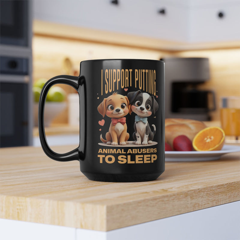 Cozy kitchen scene with black 15oz mug featuring Pixar-style puppies and strong anti-animal-abuse message – left view