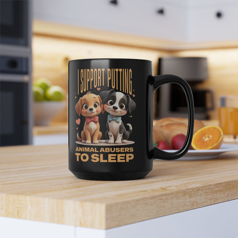Cozy Kitchen scene with black 15oz mug featuring Pixar-style puppies and “I Support Putting Animal Abusers to Sleep” – right view