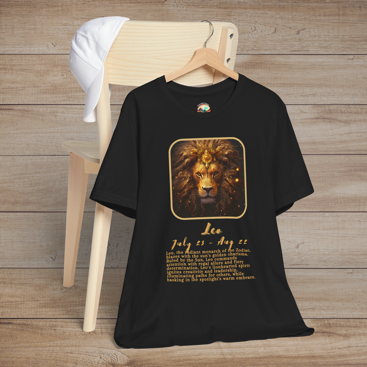 Black Leo Zodiac T-Shirt with a gold lion symbol, birth dates, and traits of leadership and pride