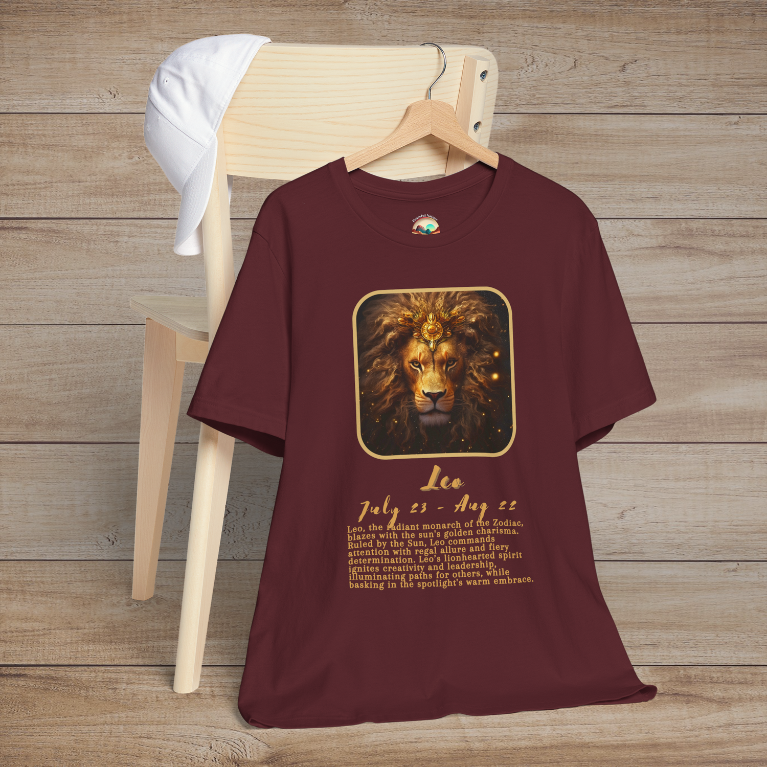 Maroon Leo Zodiac T-Shirt showcasing a bold golden lion symbol and confident astrology meaning