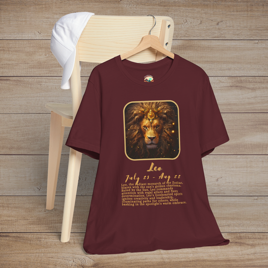 Maroon Leo Zodiac T-Shirt showcasing a bold golden lion symbol and confident astrology meaning