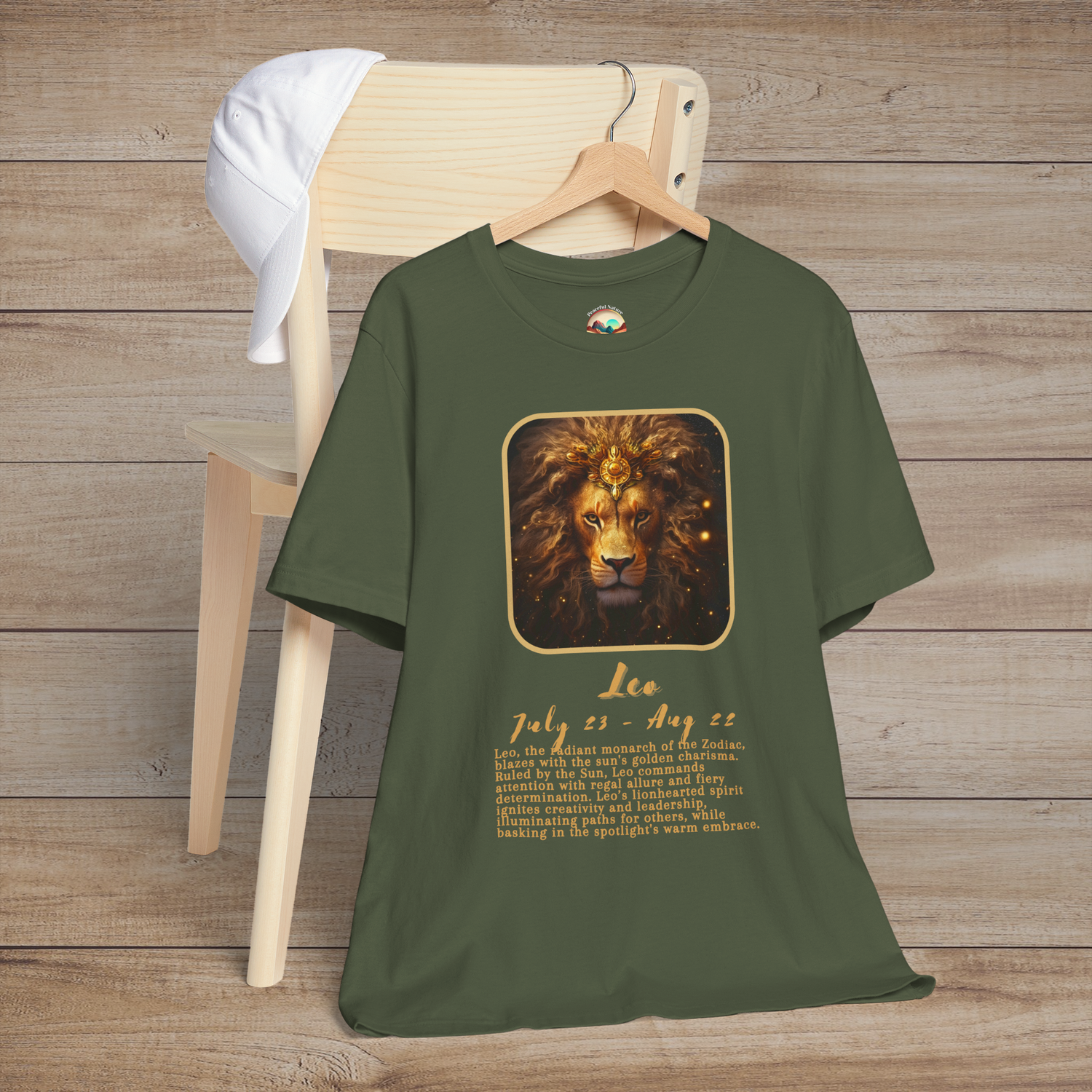 Military green Leo Zodiac T-Shirt representing courage, charisma, and creative zodiac traits