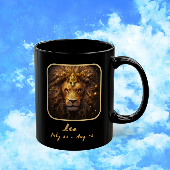 Leo Zodiac Astrology Mug 11 oz right view with golden lion symbol and bold zodiac energy