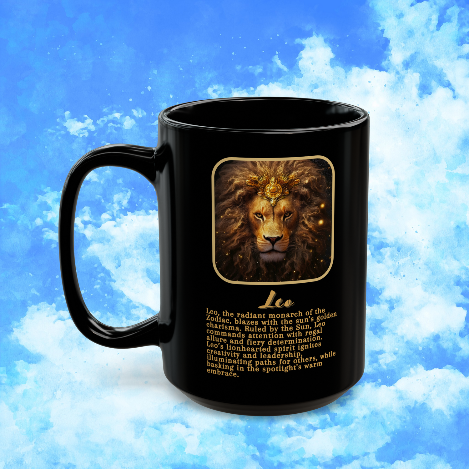 Leo Zodiac Astrology Mug 15 oz left view with golden lion art and dazzling Leo passion