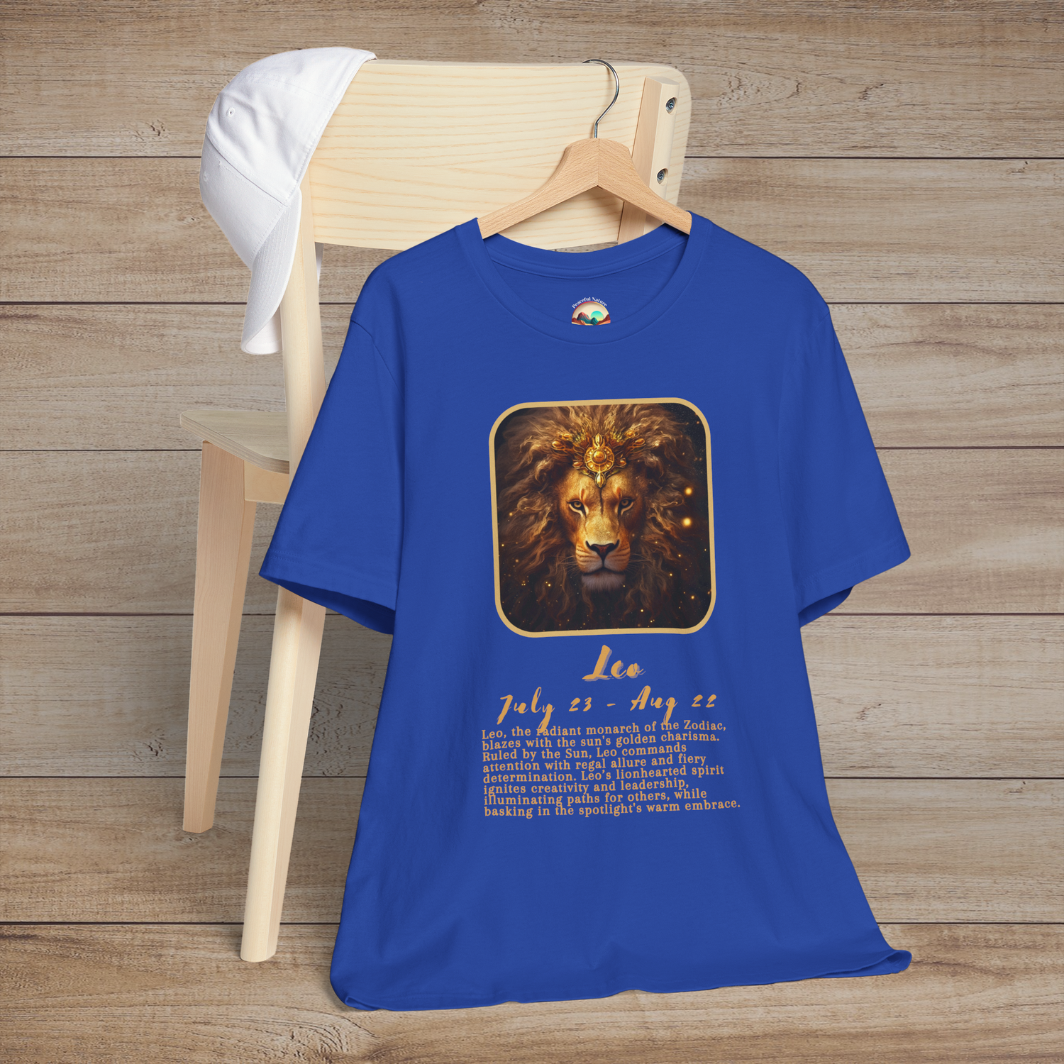 Royal blue Leo Zodiac T-Shirt with a powerful gold lion emblem celebrating Leo’s vibrant energy