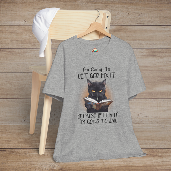 Heather gray Let God Fix It T-Shirt featuring a stern black cat with a cross necklace and an open book