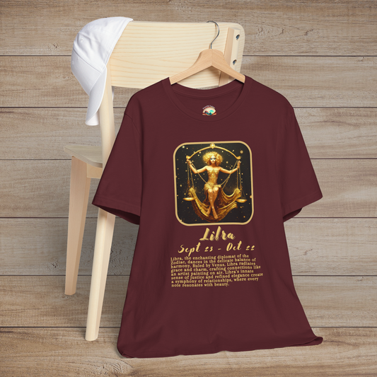 Maroon Libra Zodiac T-Shirt featuring a radiant golden scales symbol and diplomatic astrology traits