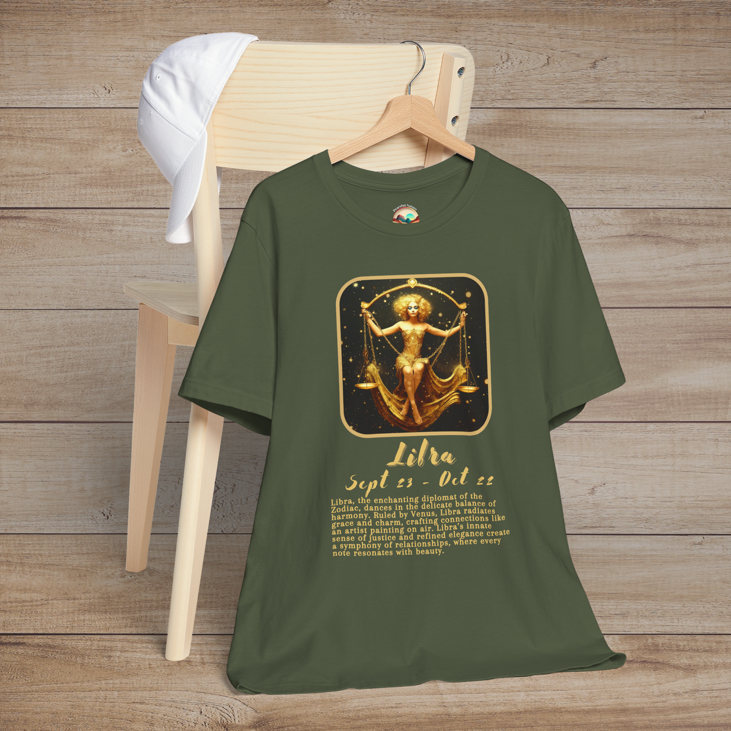 Military green Libra Zodiac T-Shirt representing justice, peace, and partnership