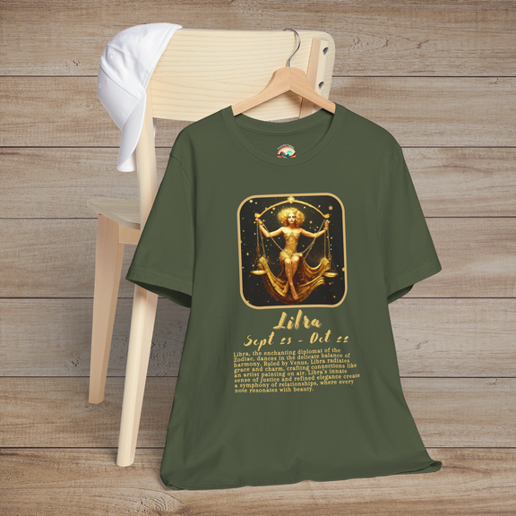 Military green Libra Zodiac T-Shirt representing justice, peace, and partnership