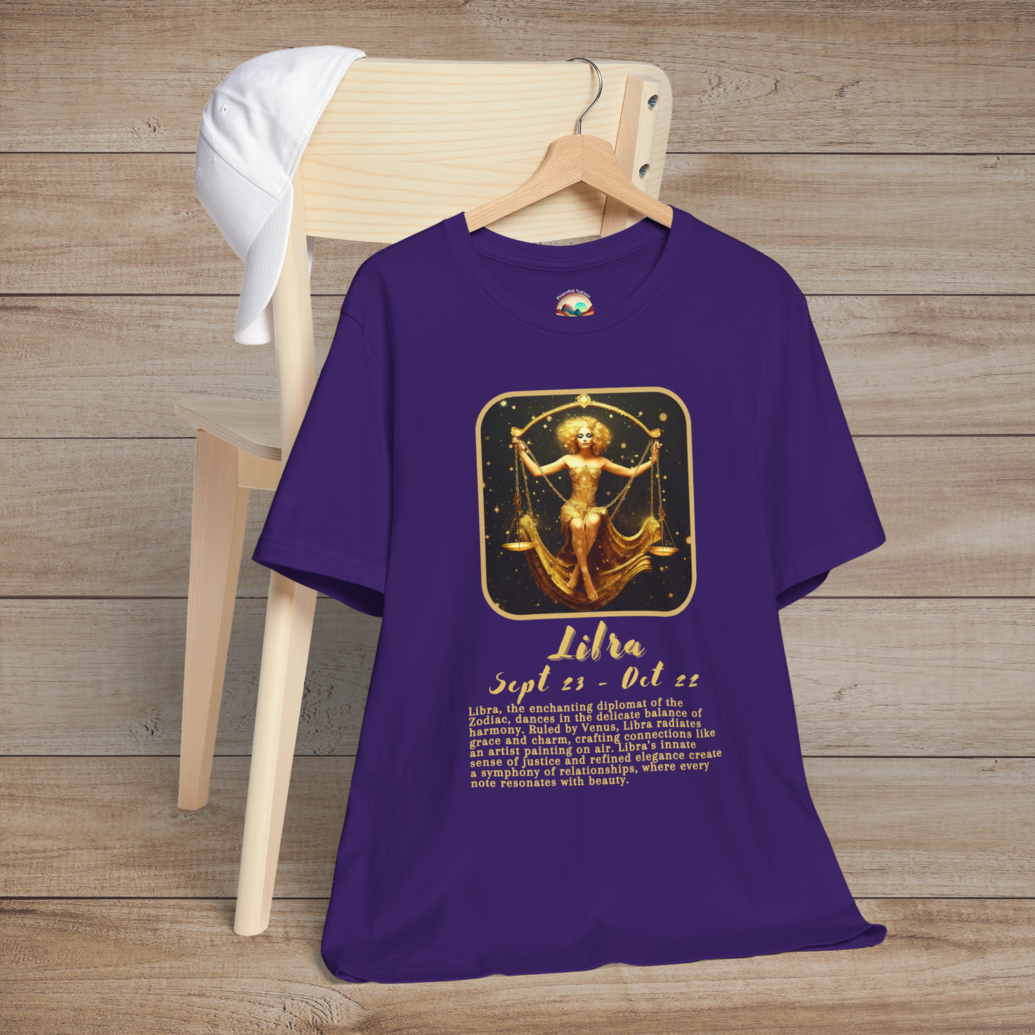 Purple Libra Zodiac T-Shirt featuring an elegant golden scales design and sociable zodiac qualities