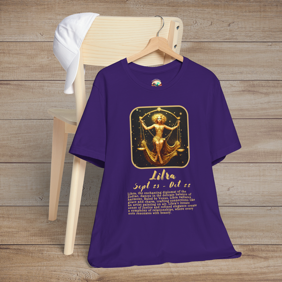 Purple Libra Zodiac T-Shirt featuring an elegant golden scales design and sociable zodiac qualities