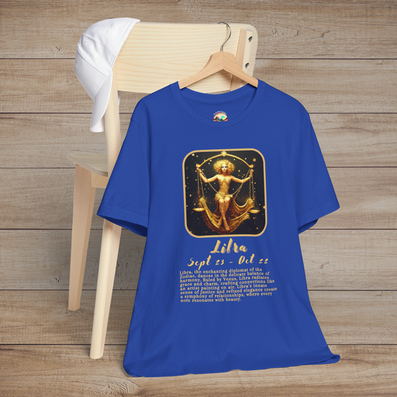 Royal blue Libra Zodiac T-Shirt with a gleaming gold scales emblem celebrating fairness and charm