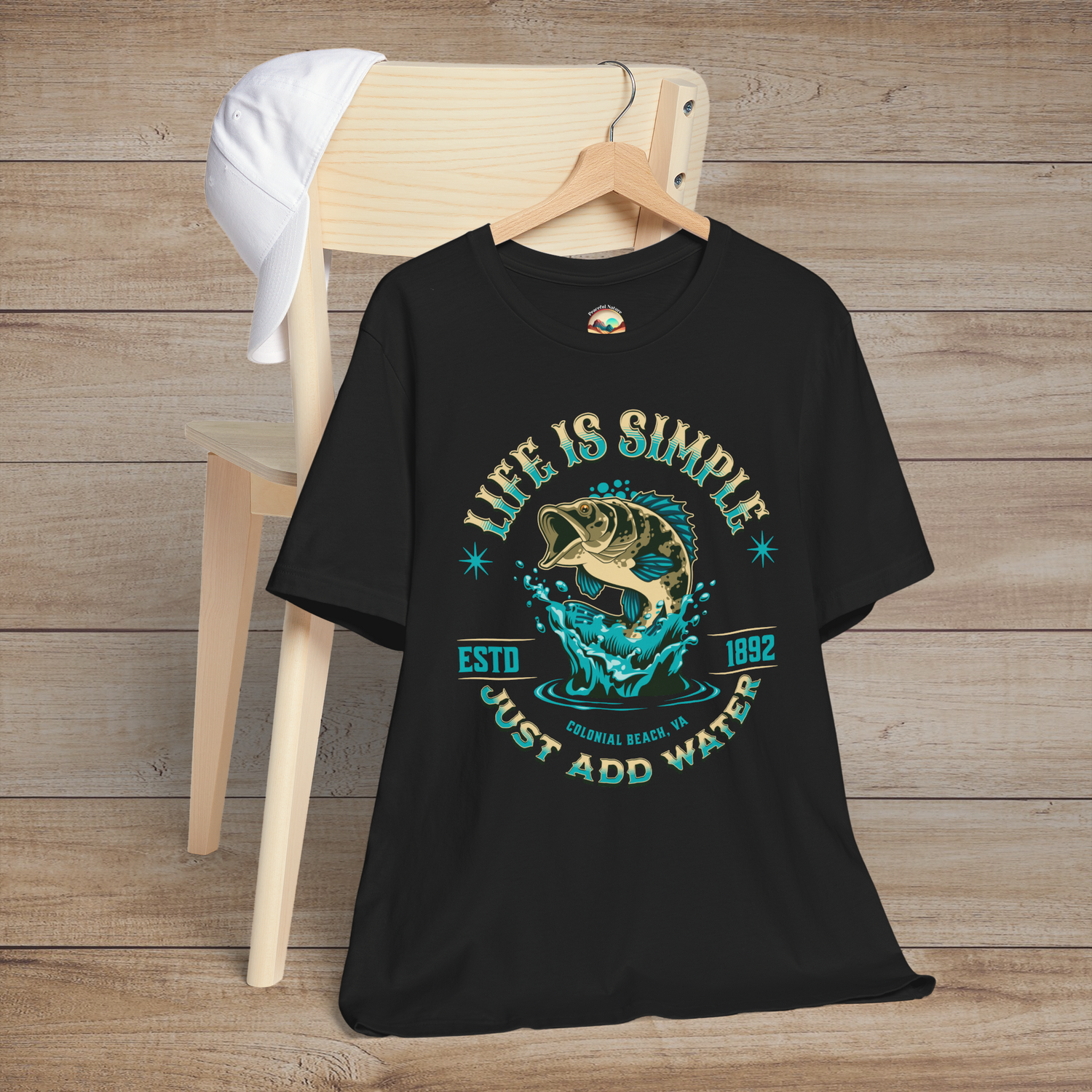 Black "Life is Simple, Just Add Water" t-shirt with bass fish and Colonial Beach, VA design