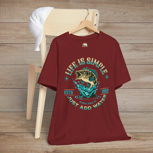 Cardinal red "Life is Simple, Just Add Water" t-shirt featuring bass fish and water splash design