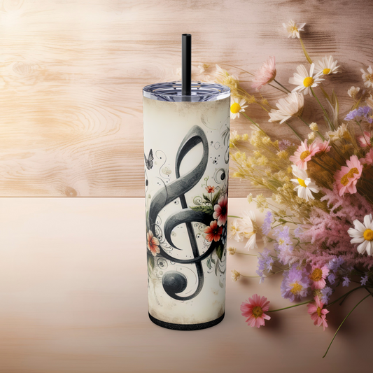 Floral Music Note Skinny Tumbler – Glitter Black, left side view featuring musical notes, butterflies, and pastel florals in an artistic swirl