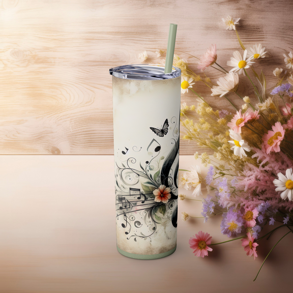 Floral Music Note Skinny Tumbler – 20 oz Insulated Stainless Steel with Straw Glossy Glitter Seascape 20oz