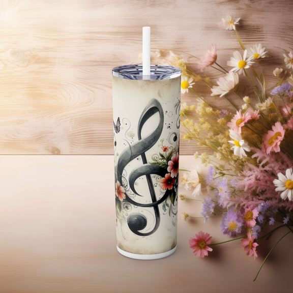 Floral Music Note Skinny Tumbler – 20 oz Insulated Stainless Steel with Straw Glossy White 20oz