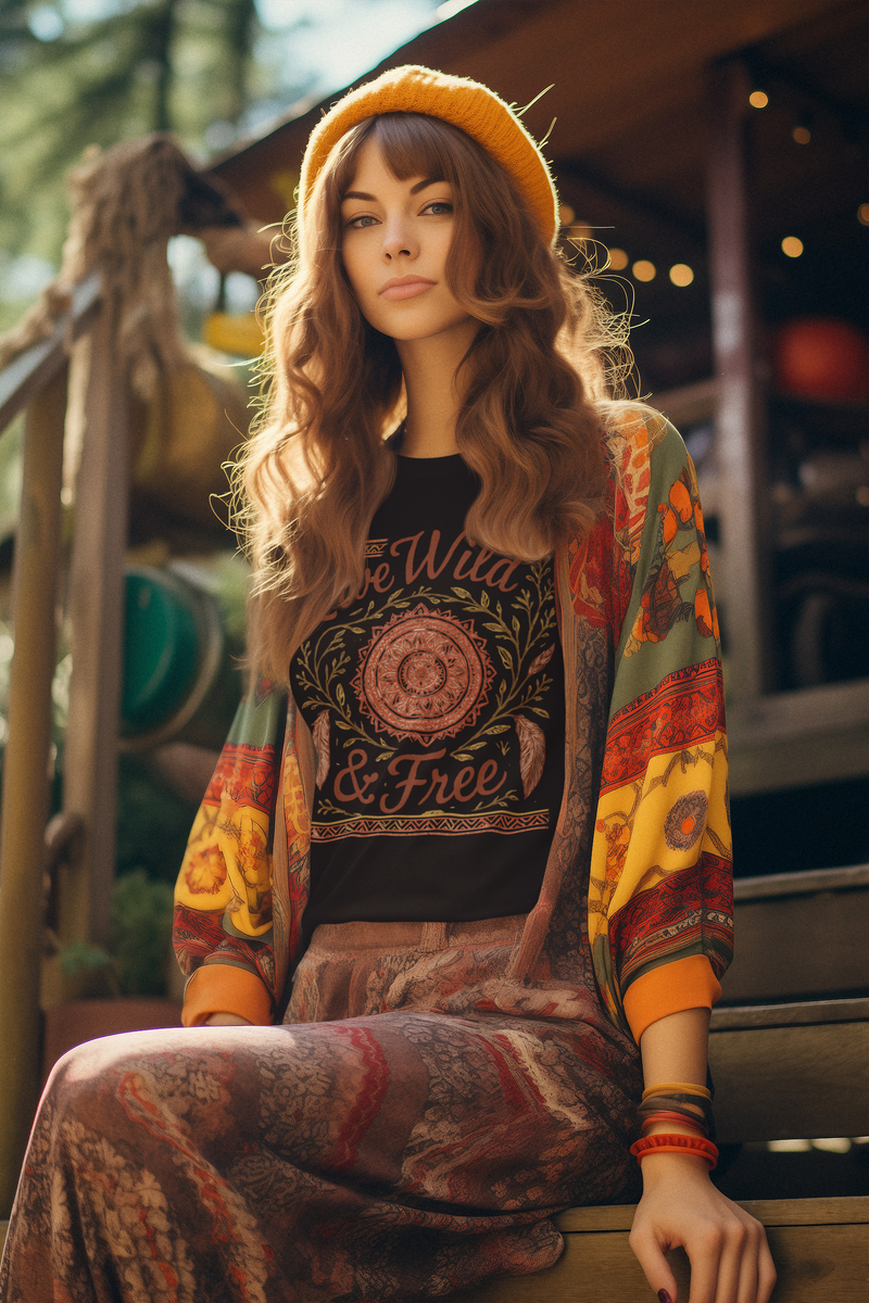 Woman wearing the Live Wild & Free Boho Mandala Feather T-Shirt in black, styled with a colorful bohemian outfit and mustard beanie — artistic festival-ready look featuring soft, ethical apparel by Peaceful Nature Designs