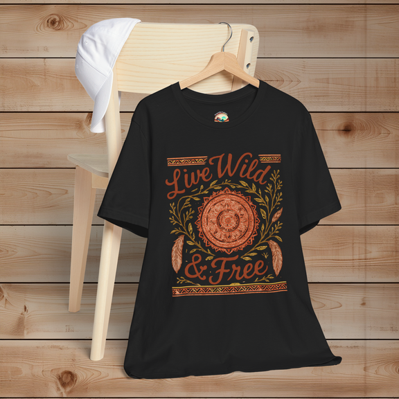 Live Wild & Free Boho Mandala Feather T-Shirt in black – premium free spirit tee with rustic mandala and feather design, ethical and soft cotton by Peaceful Nature Designs