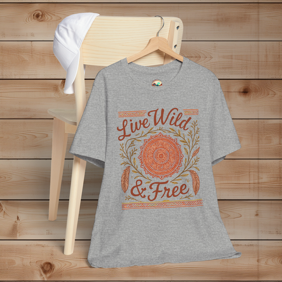 Live Wild & Free Boho Mandala Feather T-Shirt in heather grey – bohemian style graphic tee with earthy mandala and feather artwork, soft lightweight cotton