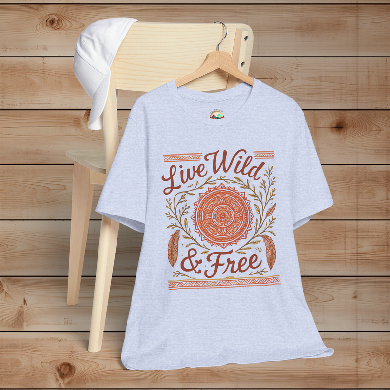 Live Wild & Free Boho Mandala Feather T-Shirt in heather prism blue – airy boho shirt with rustic mandala and botanical feather design, free-spirited hippie style tee