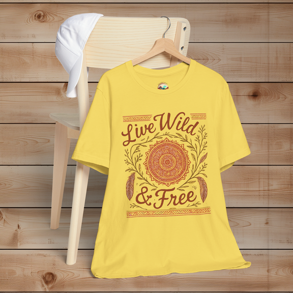 Live Wild & Free Boho Mandala Feather T-Shirt in maize yellow – warm bohemian tee with sun-inspired mandala, feathers, and free spirit quote for nature lovers