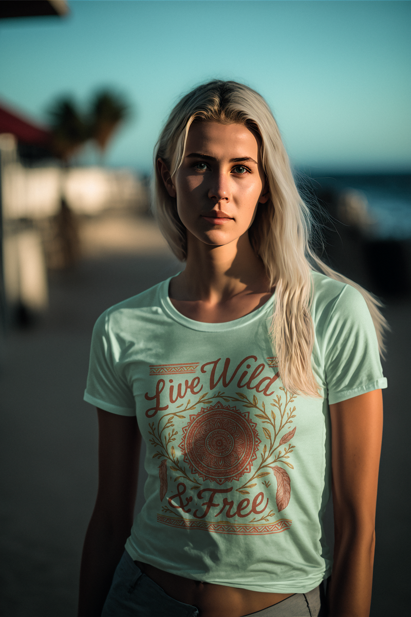 Woman wearing the Live Wild & Free Boho Mandala Feather T-Shirt in mint green, standing near the beach at sunset — soft, ethically made boho tee with rustic mandala and feather design by Peaceful Nature Designs