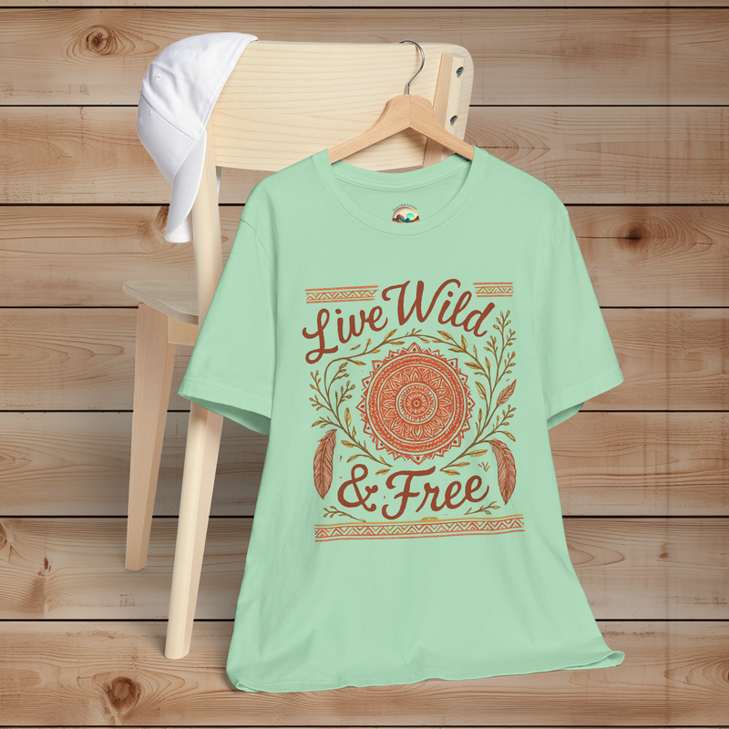 Live Wild & Free Boho Mandala Feather T-Shirt in mint green – light and earthy hippie tee featuring detailed mandala and feather art, perfect for boho dreamers