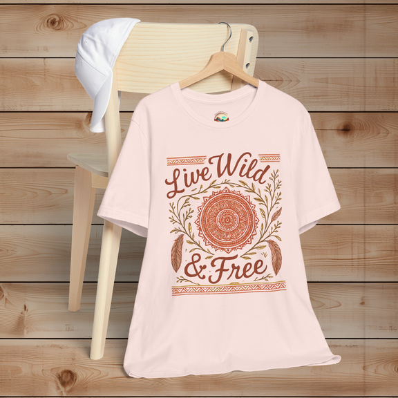 Live Wild & Free Boho Mandala Feather T-Shirt in soft pink – gentle pastel boho shirt with detailed mandala and feather motif, feminine free spirit apparel