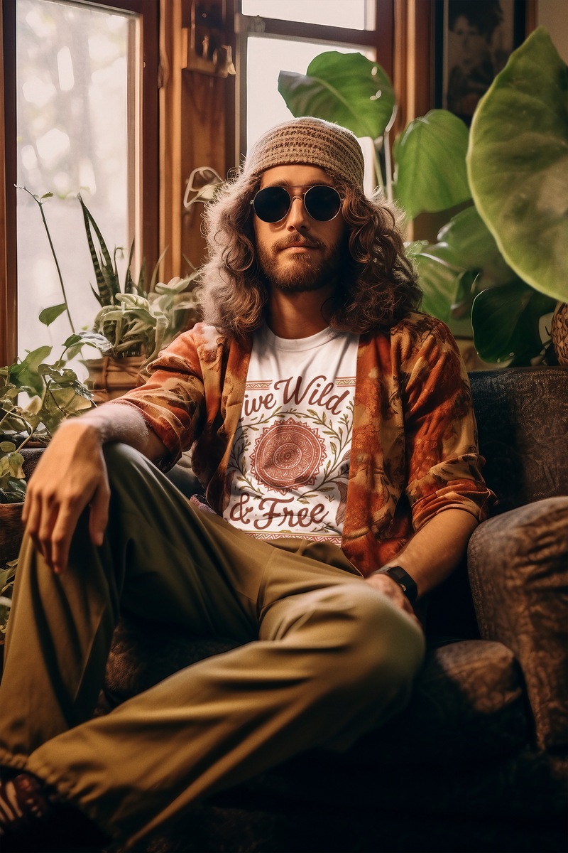 Man wearing the Live Wild & Free Boho Mandala Feather T-Shirt in white, styled with retro 60s hippie fashion and surrounded by lush houseplants — soft, ethically made boho tee by Peaceful Nature Designs