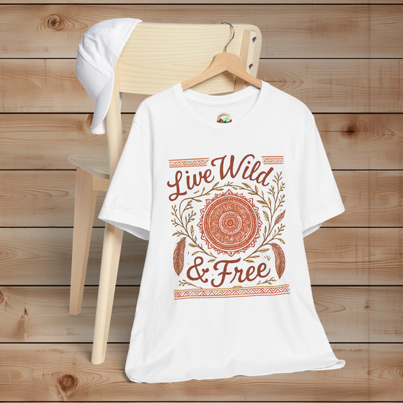 Live Wild & Free Boho Mandala Feather T-Shirt in white – classic lightweight tee with earthy mandala and feather design, ethical boho clothing for free spirits