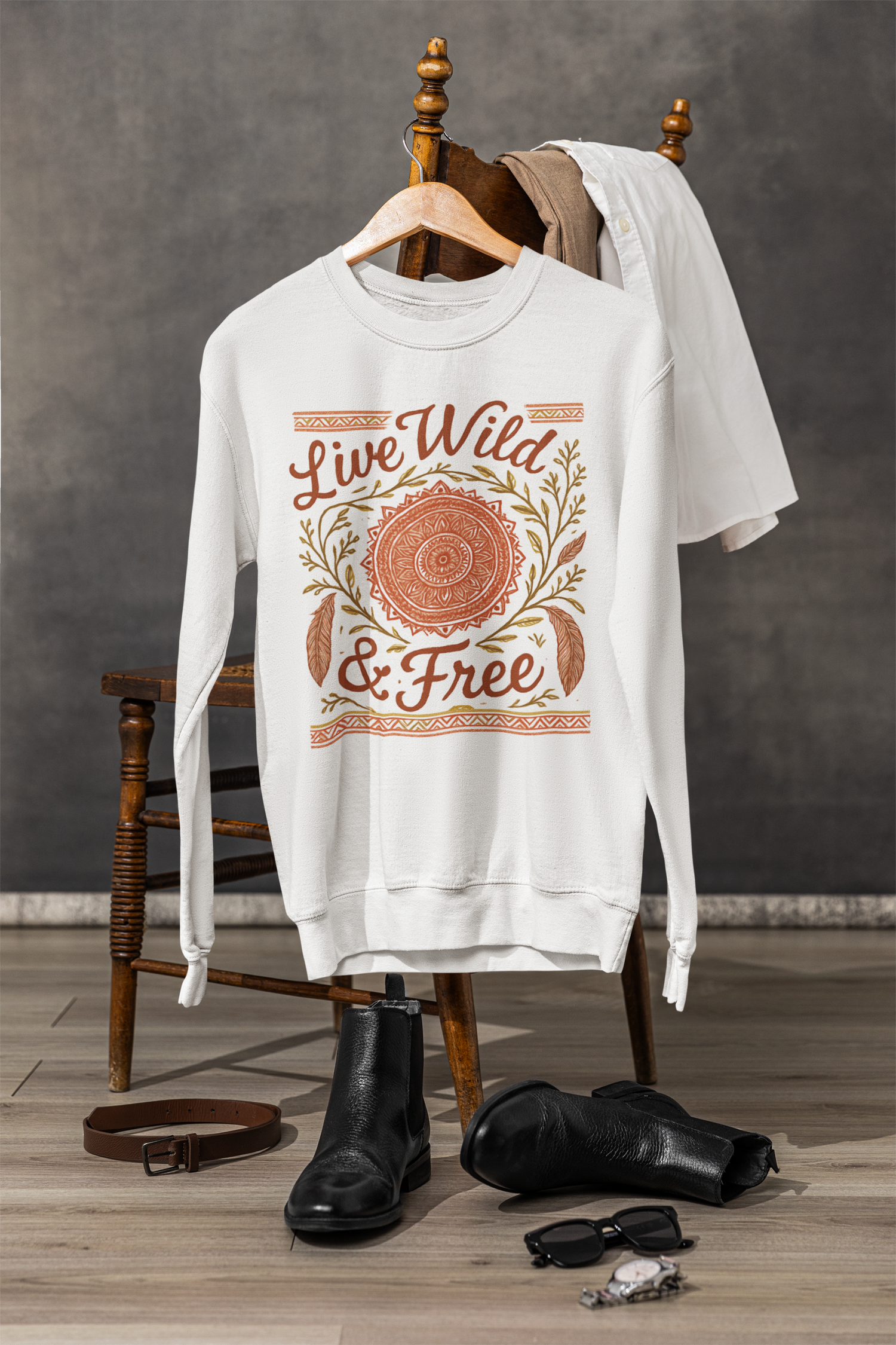 Ash-colored Live Wild & Free boho mandala sweatshirt styled on a chair with boots and accessories
