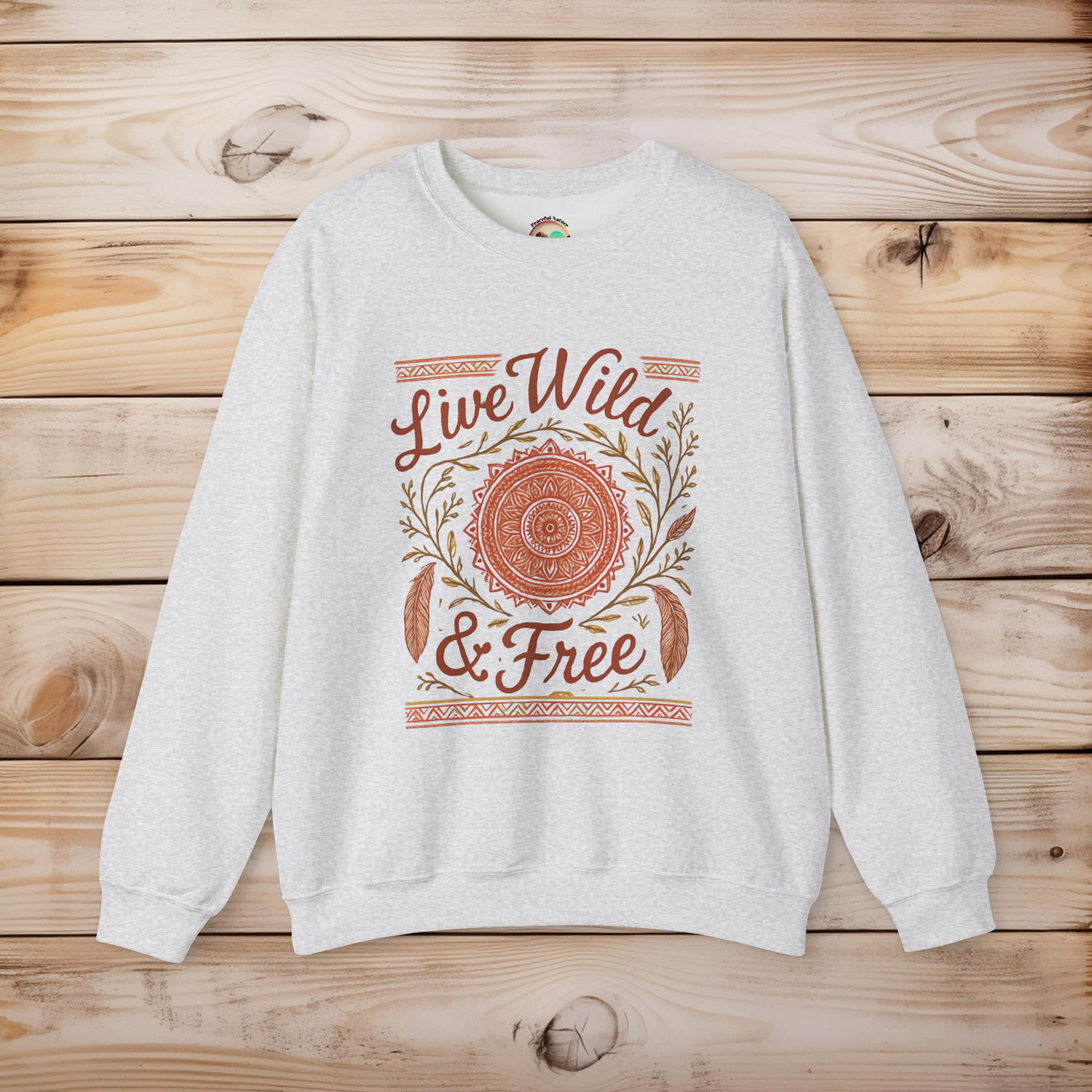 Live Wild & Free boho mandala sweatshirt in ash gray – Gildan 18000 unisex crewneck