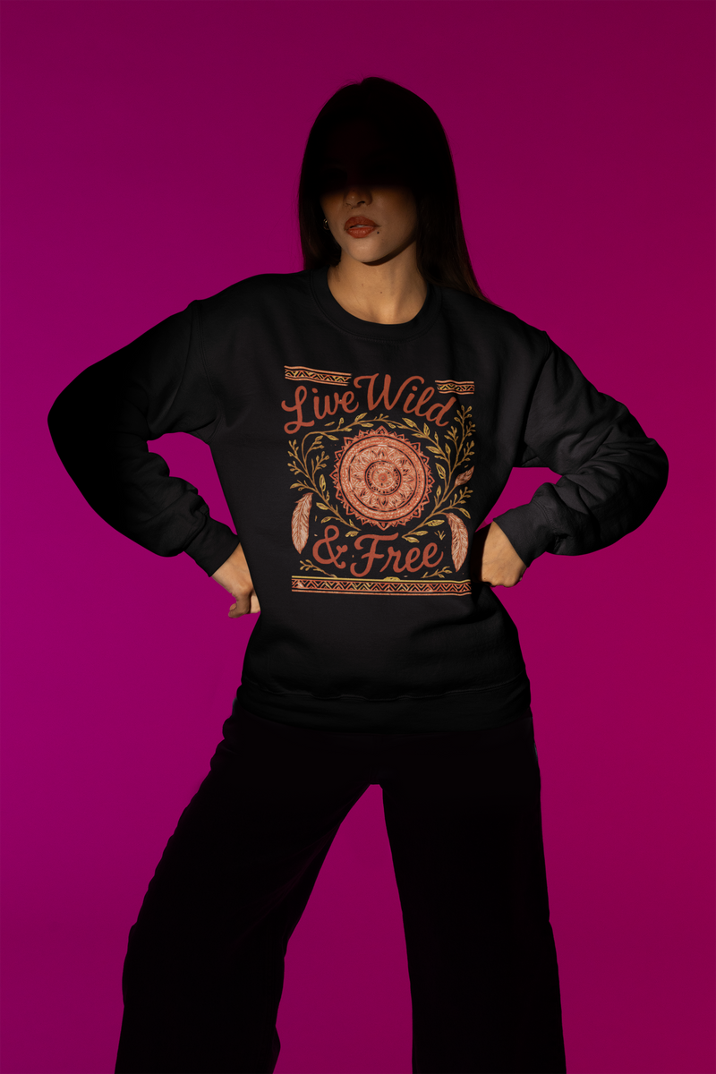 Model in a black Live Wild & Free boho mandala sweatshirt posing confidently under dramatic lighting