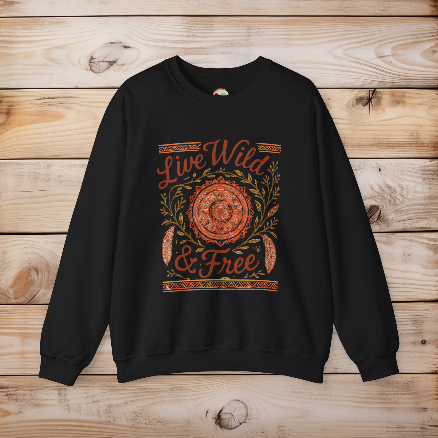 Live Wild & Free boho mandala sweatshirt in black – earthy mandala print on Gildan 18000
