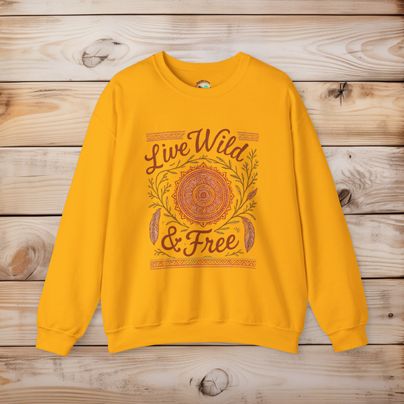 Live Wild & Free boho mandala sweatshirt in gold – warm bohemian design on Gildan 18000