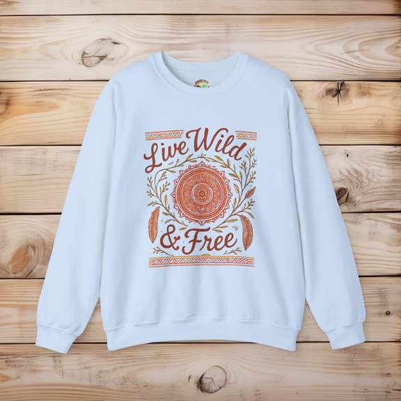 Live Wild & Free boho mandala sweatshirt in light blue – soft pastel boho crewneck