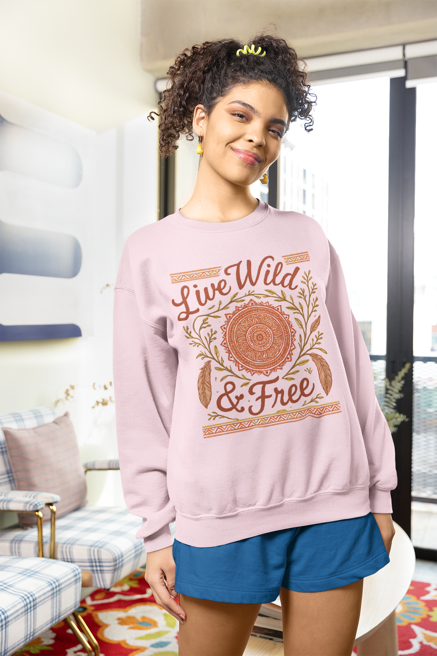 Smiling woman wearing a light pink Live Wild & Free boho mandala sweatshirt in a bright indoor room