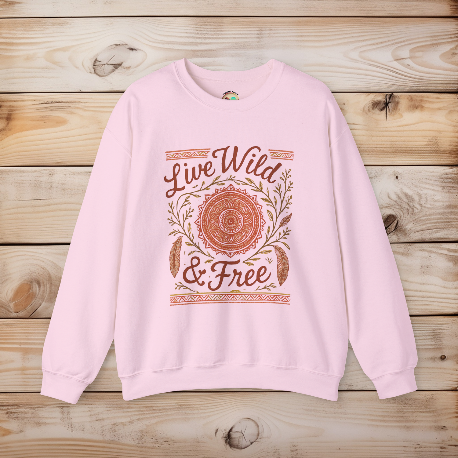 Live Wild & Free boho mandala sweatshirt in light pink – feminine bohemian Gildan 18000