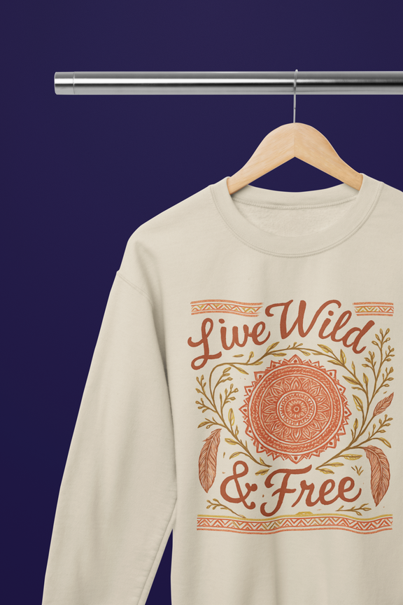 Sand-colored Live Wild & Free boho mandala sweatshirt displayed on a wooden hanger against a dark background