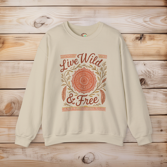 Live Wild & Free boho mandala sweatshirt in sand – earthy neutral Gildan 18000 crewneck