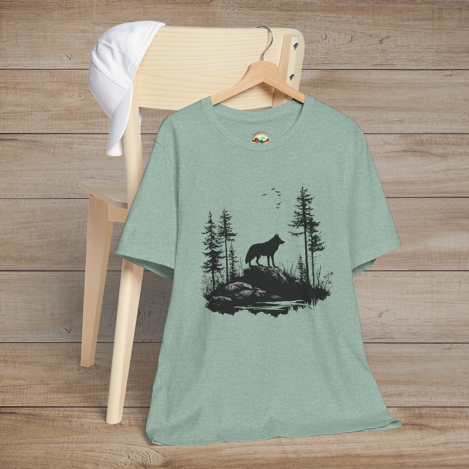 Heather dusty blue t-shirt with a dramatic silhouette of a lone wolf standing strong on a rocky outcrop surrounded by tall trees and birds flying high
