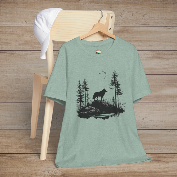Heather dusty blue t-shirt with a dramatic silhouette of a lone wolf standing strong on a rocky outcrop surrounded by tall trees and birds flying high