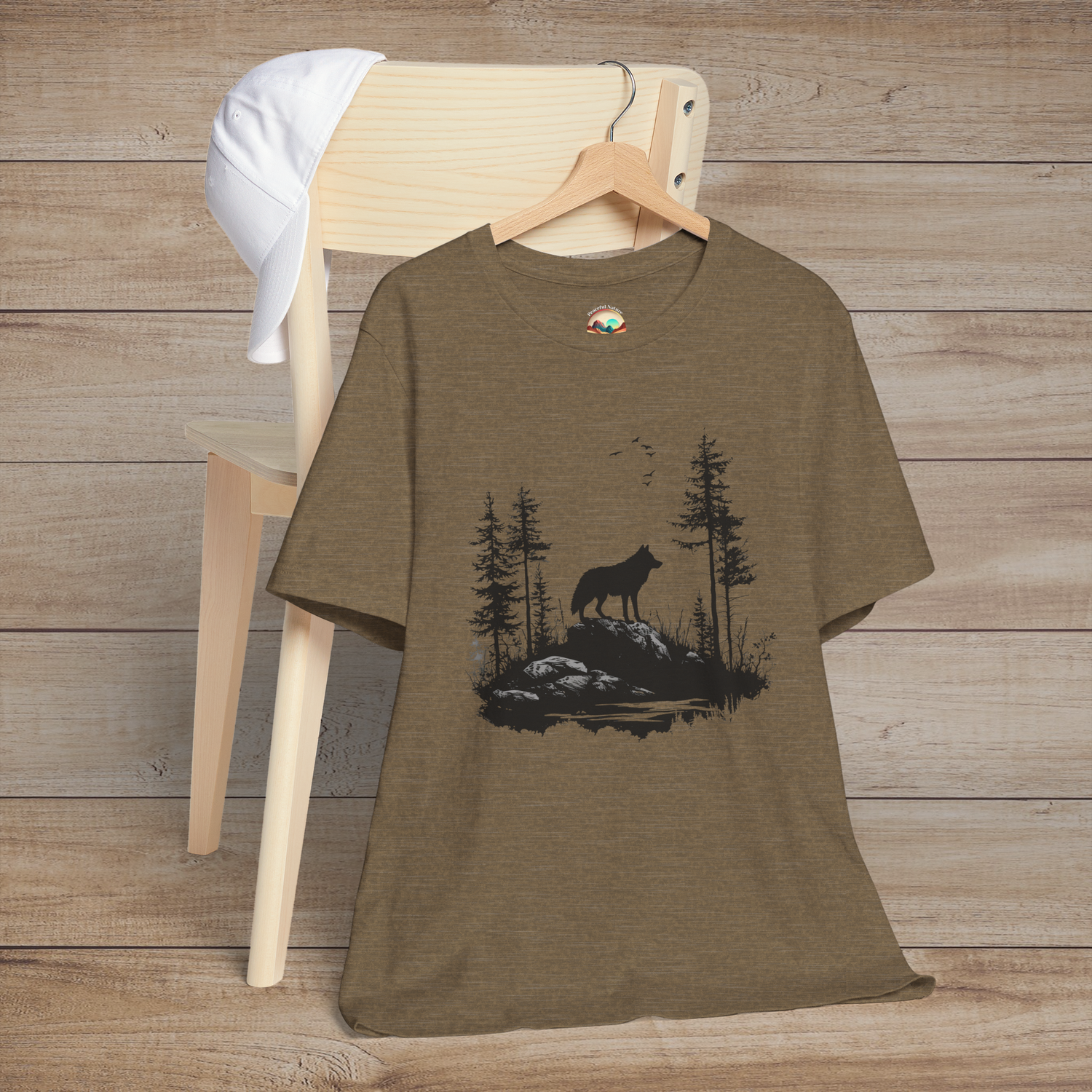Heather olive t-shirt depicting a silhouette of a lone wolf on rugged rocks among dense trees, with birds overhead, creating a peaceful wildlife scene
